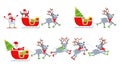 Santa Claus, penguin and snowman on a reindeer harness. Sled with gifts Royalty Free Stock Photo