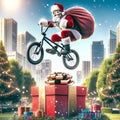 Santa Claus Performing BMX Stunt Over Gift Box Royalty Free Stock Photo