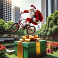 Santa Claus Performing BMX Stunt Over Gift Box Royalty Free Stock Photo