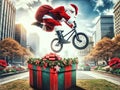 Santa Claus Performing BMX Stunt Over Gift Box Royalty Free Stock Photo