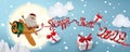 Santa Claus piloting an orange plane with red decorative paper text of ribbon Happy New 2022 and shares Christmas gifts