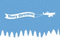 Santa Claus on a plane with a ribbon. Winter background with falling snow. White contour of Christmas trees. Vector Royalty Free Stock Photo