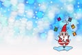 Santa Claus play ice skate send a gift on blue background glittering bokeh circular white and empty left space for text.