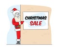 Santa Claus Point on Christmas Sale Banner Hanging on Wall. Xmas Character in Red Festive Costume Presenting Discount