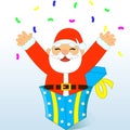 Santa Claus popping out of gift box and throwing confetti on white Royalty Free Stock Photo