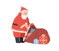 Santa Claus preparing Christmas gift boxes, putting presents into red bag. Bearded character packing Xmas sack for