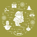 Santa Claus with presents and other New Year and Christmas symbols. Winter elements made in line style