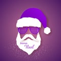 Santa Claus in a purple hat and shutter glasses.