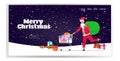 Santa claus pushing trolley cart with gift present boxes christmas sale holidays celebration shopping concept snowfall