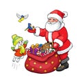 Santa Claus, rabbit and birds with Christmas gifts. Royalty Free Stock Photo