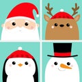 Santa Claus Raindeer Deer Snowman Penguin Bird Face Head Icon Set. Merry Christmas. New Year. Cute Cartoon Funny Kawaii Baby