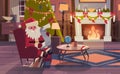 Santa Claus Read Wish List Sitting Near Fireplace In Living Room Decorated For Christmas And New Year Winter Holidays Royalty Free Stock Photo