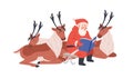 Santa Claus reading Christmas fairy tales book. Reindeers listening to Xmas stories and fairytales. Old bearded