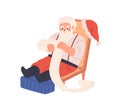 Santa Claus reading Christmas wish list, sitting in chair. Retro bearded character with long letter in hands at Xmas and