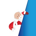 Santa Claus in red clothes beckons blue white background