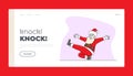 Santa Claus in Red Costume Cossack Dancing in Squatting Position Landing Page Template. Christmas Character Performing