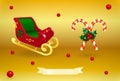 Santa Claus red golden color empty toy sleigh and striped cane candies with flying or falling holly barries on gold Royalty Free Stock Photo