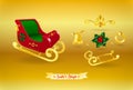 Santa Claus red golden color toy sleigh and its elements on gold gradient background. Christmas and New Year Realistic Royalty Free Stock Photo