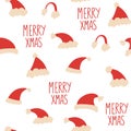 Santa Claus red hats seamless pattern. Winter clothes, Merry Xmas. Christmas Repeating Pattern. Vector winter holidays print for