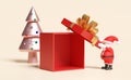 Santa claus with red open gift box empty,christmas tree isolated on beige background.website,poster or happiness cards,festive New Royalty Free Stock Photo