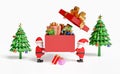 Santa claus with red open gift box empty,christmas tree isolated on beige background.website,poster or happiness cards,festive New Royalty Free Stock Photo