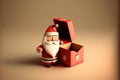 Santa claus with red open gift box empty, christmas tree isolated on beige background. website, poster or happiness cards, festive Royalty Free Stock Photo