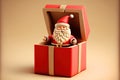 Santa claus with red open gift box empty, christmas tree isolated on beige background. website, poster or happiness cards, festive Royalty Free Stock Photo