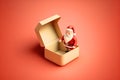 Santa claus with red open gift box empty, christmas tree isolated on beige background. website, poster or happiness cards, festive Royalty Free Stock Photo