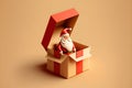 Santa claus with red open gift box empty, christmas tree isolated on beige background. website, poster or happiness cards, festive Royalty Free Stock Photo