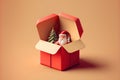 Santa claus with red open gift box empty, christmas tree isolated on beige background. website, poster or happiness cards, festive Royalty Free Stock Photo