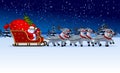 Santa Claus with a red sack with gifts and a Christmas tree sitting in a reindeer sleigh against a night winter landscape Royalty Free Stock Photo