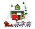 Santa Claus with red sack with gifts near village house covered with snow and sleigh in reindeer sleigh isolated on white