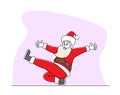 Santa Claus in Red Traditional Costume Cossack Dancing in Squatting Position. Christmas Character Performing Dance