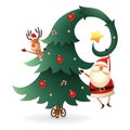 Santa Claus and Reindeer around the Christmas tree on transparent background. Scandinavian gnomes style.