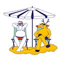 Santa Claus and Reindeer Characters Sitting on Chairs under Parasol Relaxing on Tropical Beach or Pool Party