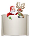 Santa Claus and Reindeer Christmas Scroll Sign Royalty Free Stock Photo