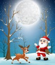 Santa claus with reindeer at christmas winter night Royalty Free Stock Photo