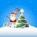 Santa Claus and reindeer decorated Christmas tree, reindeer put star on the top of tree - blue winter landscape poster Royalty Free Stock Photo