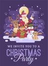 Santa Claus with reindeer, elf, snowman and dog taking a selfie in a snowy night winter village landscape. Christmas invitation Royalty Free Stock Photo