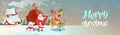 Santa Claus With Reindeer Elfs Gift Sack Coming To House Happy New Year Merry Christmas Banner
