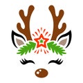 Santa Claus Reindeer face. Cute vector deer head silhouette with antlers