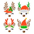 Santa Claus Reindeer faces set. Cute vector deer head silhouette with antlers Royalty Free Stock Photo