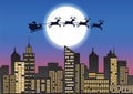 Santa Claus and reindeer fly over the city to send gift to people,lots of skyscraper and light form window