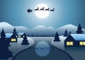 Santa Claus and reindeer fly over the village near river around