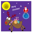 Santa Claus and reindeer with gifts. Christmas card.