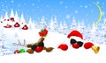 Santa Claus and reindeer in the glasses.The deer is decorated with Christmas balls and a red bow. Santa and deer on background Royalty Free Stock Photo