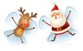 Santa Claus and Reindeer making Snow Angels - vector illustration isolated od transparent background