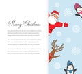 Santa Claus with Reindeer and Penguins. Cartoon character. Christmas card. Merry Christmas title written in blank space Royalty Free Stock Photo