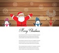 Santa Claus with Reindeer and Penguins. Cartoon character. Christmas card. Merry Christmas title written in blank space Royalty Free Stock Photo