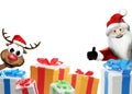 Santa Claus and Reindeer with a pile of christmas presents with